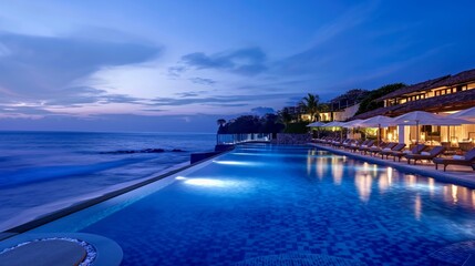 Fototapeta premium Luxurious Beachfront Resort At Sunset With Illuminated Infinity Pool In Tropical Paradise