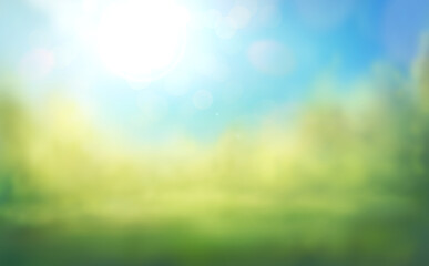An abstract blurred background of a summer blue sky with lush green foilage of trees, bushes and grass