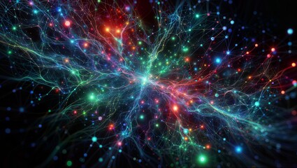 A vibrant digital visualization of a neural network or a cosmic web, featuring a multitude of interconnected nodes and lines in a spectrum of colors against a dark background.