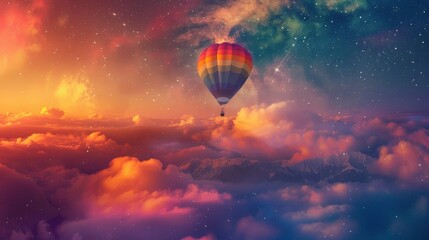 a hot air balloon rising above the morning mist, with rainbow-striped clouds and a psychedelic sky in the background