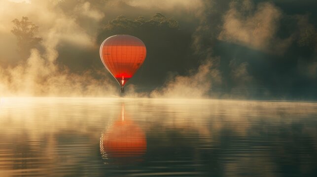 A hot air balloon rising above the morning mist, Bokeh in extreme close-ups, Suns farewell on water, this picture portrays serenity and grandeur, a celestial light darts across the night