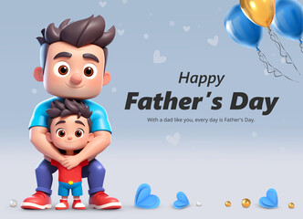 Fototapeta premium Happy father’s day background with 3d father hugging his son cartoon characters
