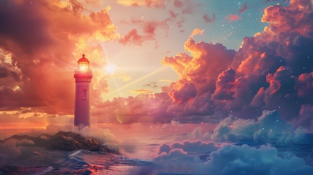 a lighthouse guiding ships through a storm, with candy floss clouds and a whimsical sky in the background