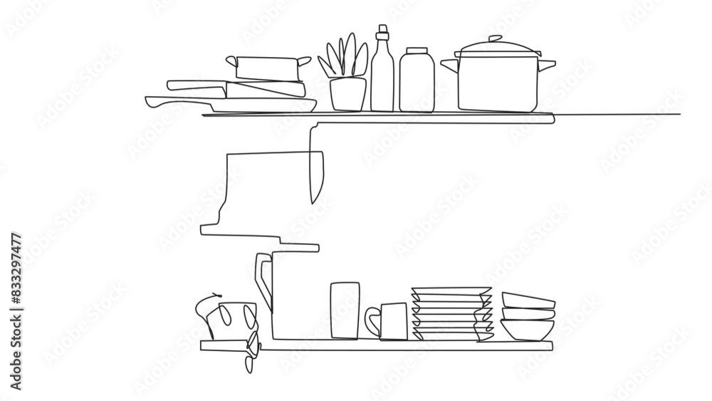 Poster animation of continuous one line drawing cooking utensils in one vector image. the layout is very ne