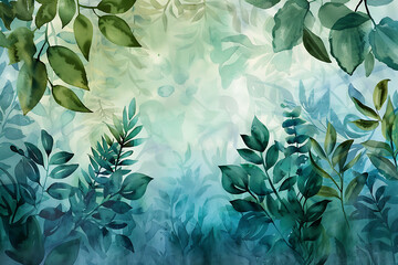 A vibrant watercolor ecology background featuring lush greenery and blue hues, evoking a sense of nature's beauty.
