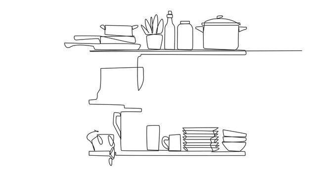 Animation of continuous one line drawing Cooking utensils in one vector image. The layout is very neat. Minimalist design layout. Far from being messy. Clean and clear. Full length motion