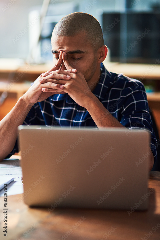 Aufkleber Business man, stress and headache on computer for decision, solution or problem solving in office. Angry, frustrated or tired programmer with fatigue or worry on laptop for startup mistake or fail