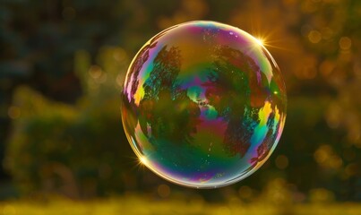 Soap bubbles float in the air, reflecting the beautiful colors of the rainbow.