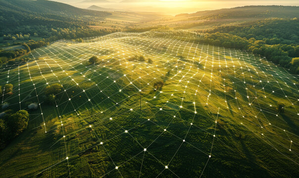 A scenic landscape with digital grid lines overlay, symbolizing the integration of technology in agriculture and land management in a picturesque rural setting