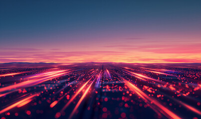 Fototapeta premium A digital landscape with red light streaks stretching towards the horizon, symbolizing high-speed data transfers and seamless digital communication