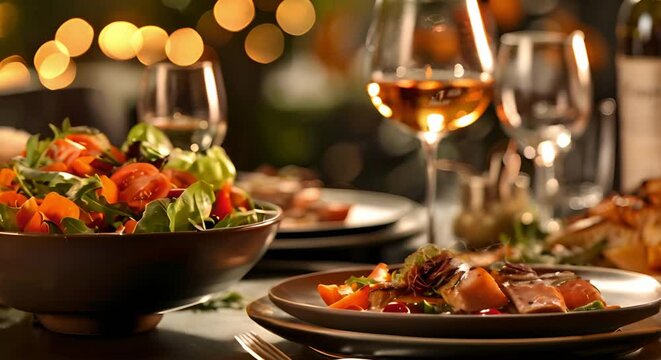 Elegant Table Setting with Food Plates, Wine Glasses, and Salad Bowl. Concept Table Setting, Elegant, Fine Dining, Food Photography, Dinnerware