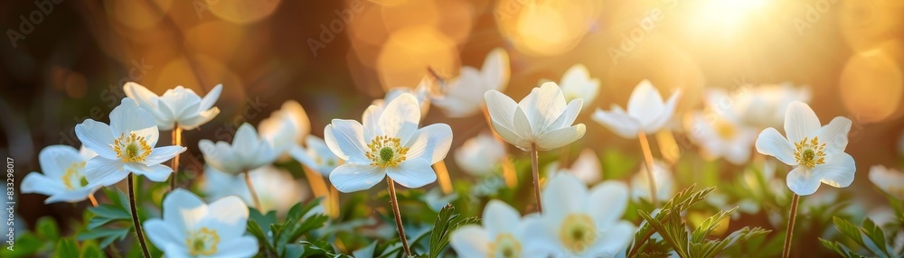 Poster Beautiful white flowers of anemones in spring in a forest in sunlight in nature 