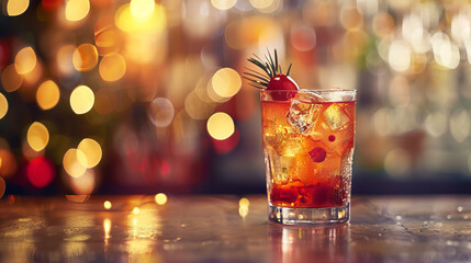 Festive christmas cocktail with bokeh background. Capture the holiday spirit with this vibrant image of a Christmas cocktail, complete with festive cranberries and a warm bokeh background.