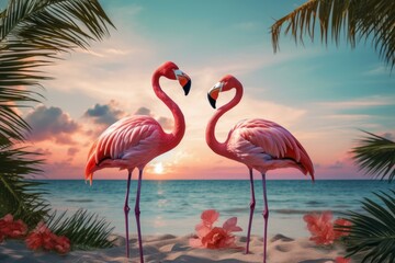 Two flamingos stand facing each other on a serene beach with a vibrant sunset