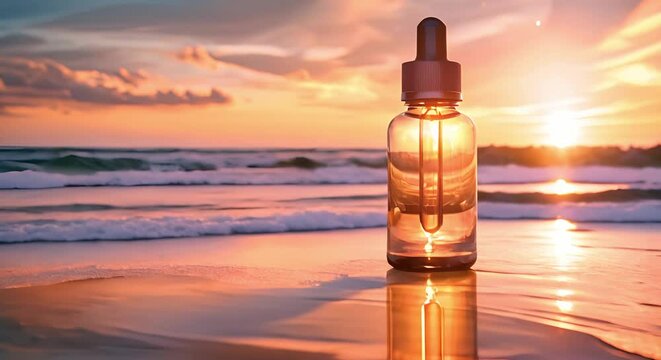 2oz glass dropper bottle with amber extract in beach sunset mockup. Concept Mockup design, Amber extract, 2oz dropper bottle, Beach sunset, Product packaging