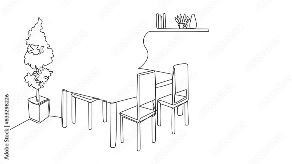 Poster self drawing animation of single continuous line drawing old-style dining room. made simple and mode