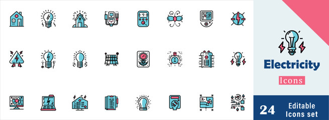 Set of line icons in linear style. Series - Electricity, electric power line, light, light bulb and electrical  icon collection. Conceptual pictogram and infographic