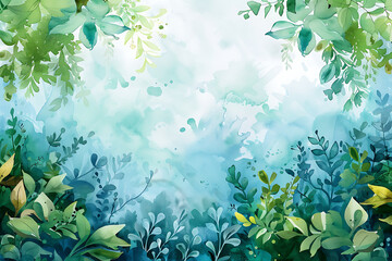 A vibrant watercolor ecology background featuring lush greenery and blue hues, evoking a sense of nature's beauty.