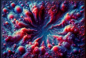 Fototapeta premium A psychedelic, fractal-like illustration featuring clusters of vibrant red, purple, and blue spheres resembling cells or bubbles, creating mesmerizing patterns within swirling clouds.