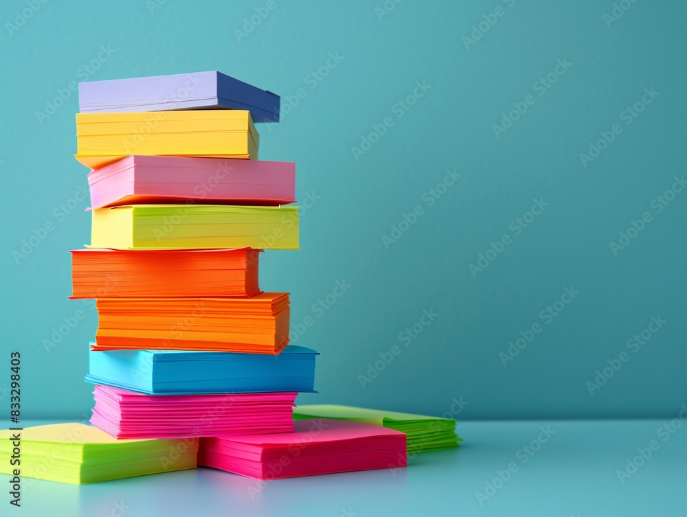 Poster a neatly stacked tower of colorful sticky notes in a variety of bright hues, positioned on a neutral