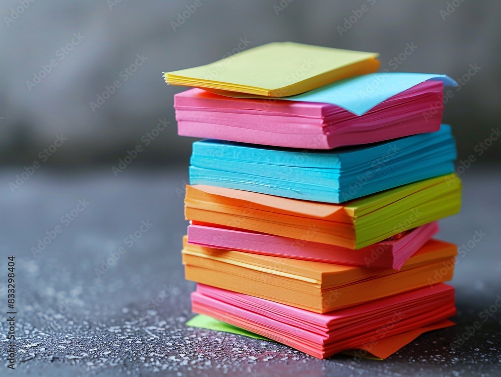 Poster a neatly stacked tower of colorful sticky notes in a variety of bright hues, positioned on a neutral