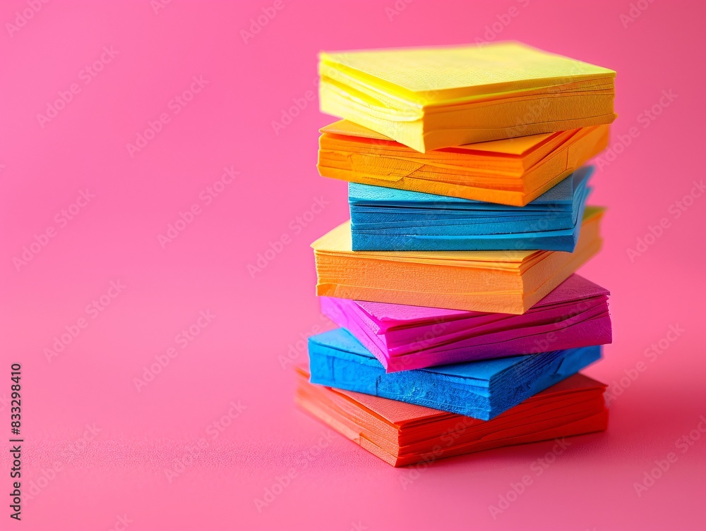 Aufkleber a neatly stacked tower of colorful sticky notes in a variety of bright hues, positioned on a neutral