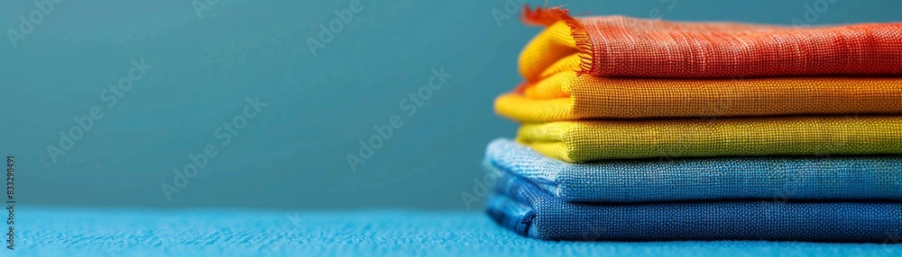 Poster a stack of colorful fabric swatches layered on top of each other against a solid background, offerin