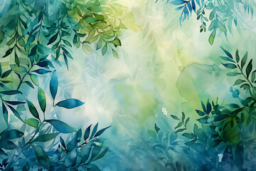 A vibrant watercolor ecology background featuring lush greenery and blue hues, evoking a sense of nature's beauty.