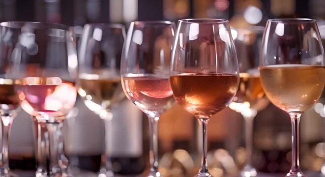 Elegance Exemplified: Rows of Wine Glasses and Bottles at a Winery Event. Concept Winery Event, Wine Glasses, Elegance, Exquisite Decor, Fine Wines