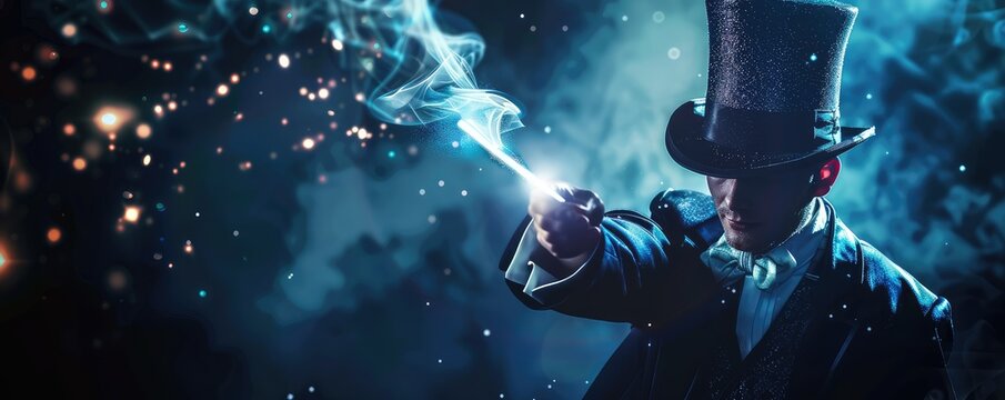 A mystic magician in a top hat performing a magic trick with a glowing wand amidst blue smoke