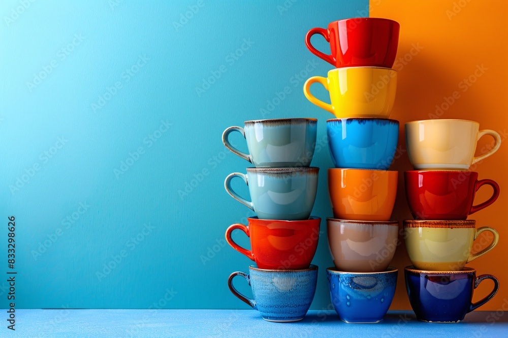 Poster a stack of vibrant coffee cups in various colors arranged against a minimal background, providing am