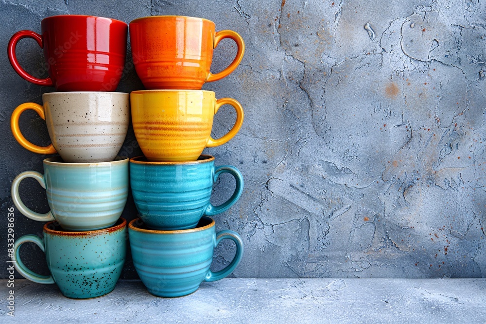 Poster a stack of vibrant coffee cups in various colors arranged against a minimal background, providing am