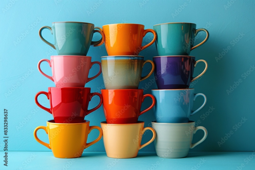 Poster a stack of vibrant coffee cups in various colors arranged against a minimal background, providing am