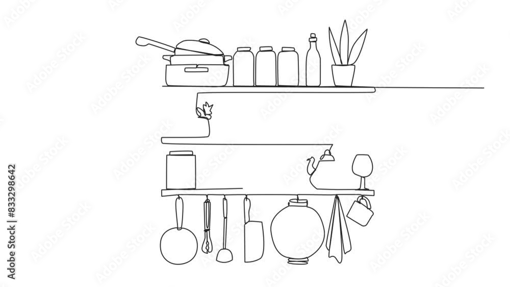 Poster animation of single one line drawing cooking utensils in one vector image. wall rack full of cooking