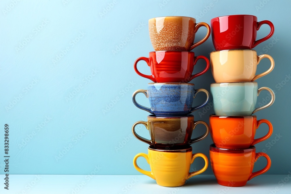Poster a stack of vibrant coffee cups in various colors arranged against a minimal background, providing am
