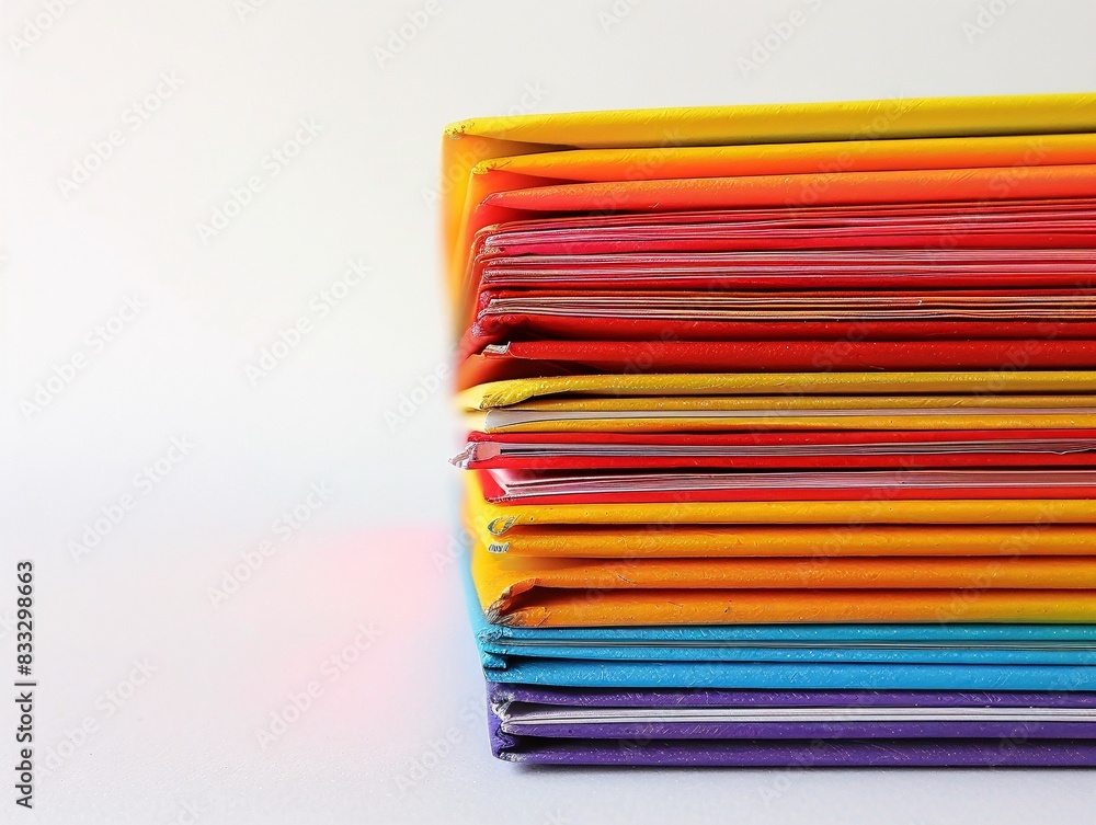 Poster a neat stack of colorful paper sheets fanned out against a white backdrop, leaving plenty of space o
