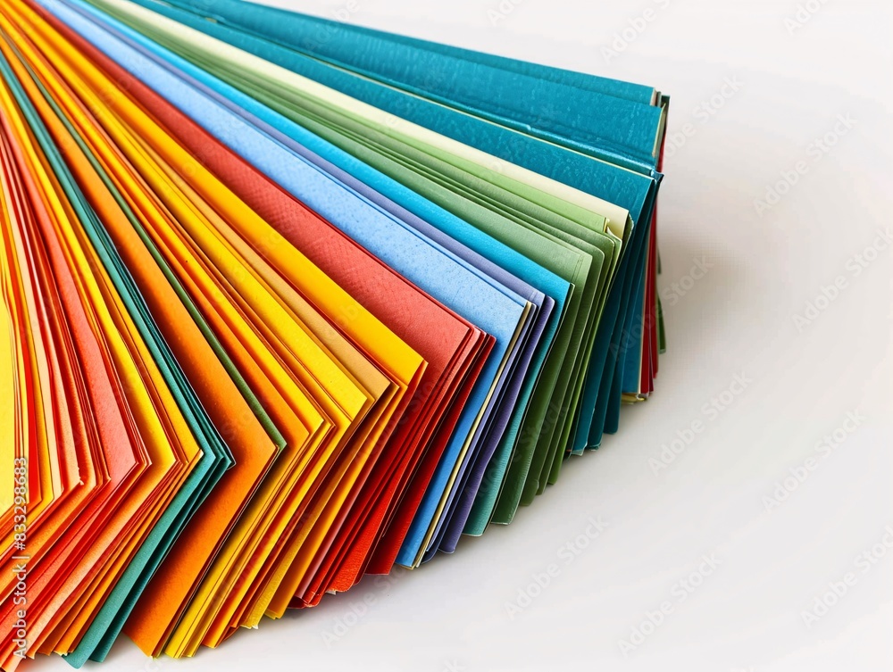 Poster a neat stack of colorful paper sheets fanned out against a white backdrop, leaving plenty of space o