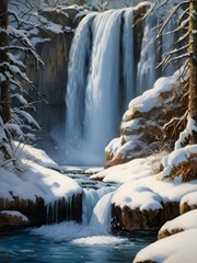 Winter Waterfall Landscape Nature Oil Painting Art