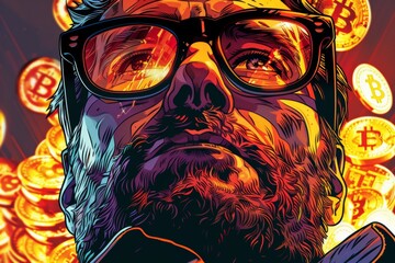 An artistic illustration of an investor focused on BTC investments, showcasing the excitement and volatility of cryptocurrency markets, with detailed visuals and energetic design