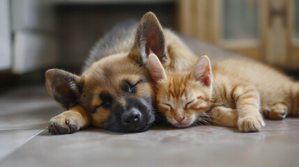 Obraz premium Puppy and kitten are sleeping on the floor, Time to relax.