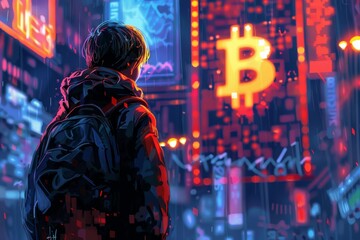 An artistic illustration of an investor focused on BTC investments, showcasing the excitement and volatility of cryptocurrency markets, with detailed visuals and energetic design