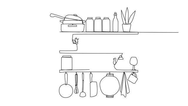 Animation of single one line drawing cooking utensils in one vector image. Wall rack full of cooking utensils. Elegant layout. Neat for easy finding of cooking utensils. Full length motion