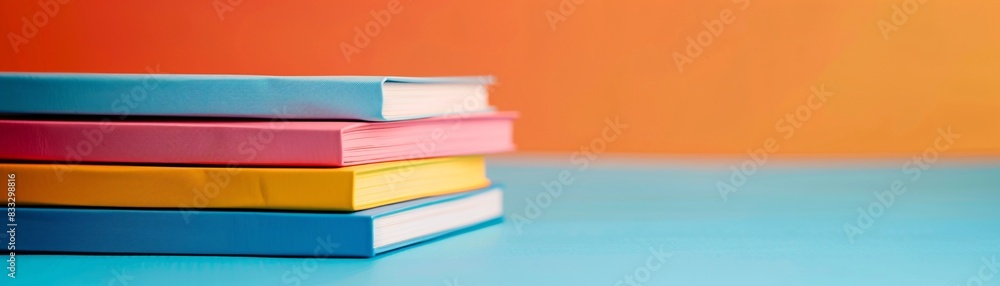 Poster a pile of colorful notebooks stacked high against a neutral background, offering ample space on the 