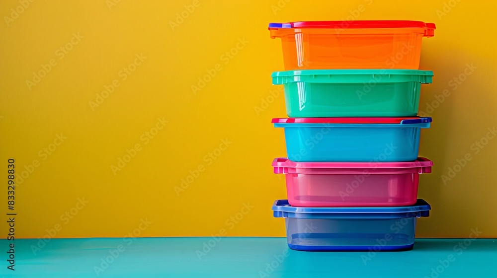 Poster a stack of colorful plastic containers arranged in a tower on a plain surface, leaving plenty of roo