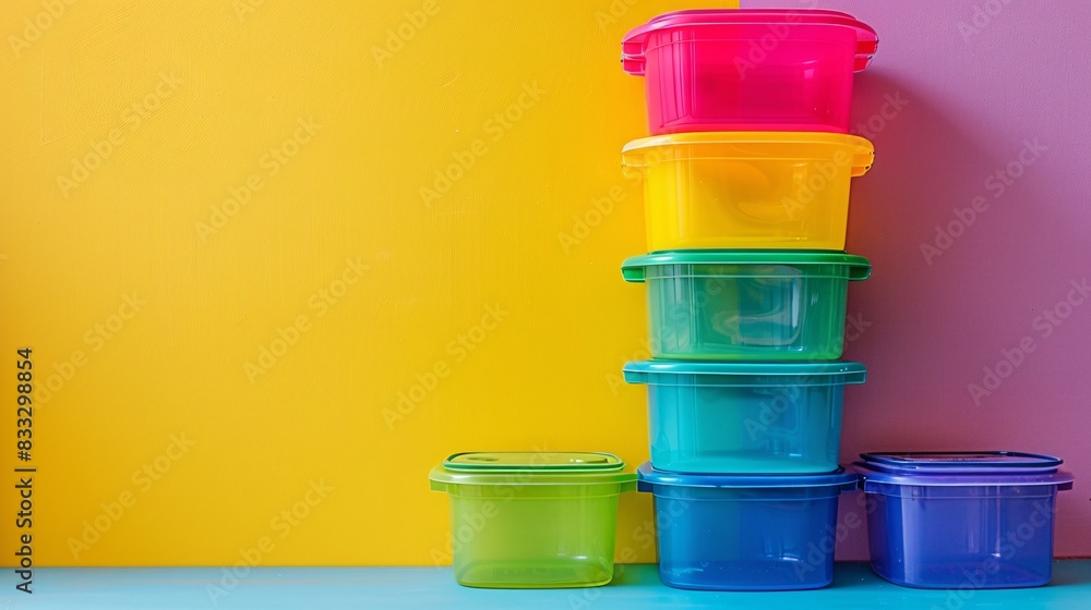 Aufkleber a stack of colorful plastic containers arranged in a tower on a plain surface, leaving plenty of roo