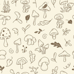 Forest background with mushrooms and foliage doodle sketch style. Various mushrooms, herbs and twigs seamless pattern. Autumn harvest of mushrooms print, vector graphics
