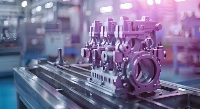 D Printed Cylinder Engine Block in an Industrial Metalworking Setting. Concept 3D Printing Technology, Industrial Metalworking, Engine Block Manufacturing