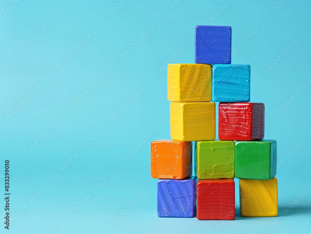 Poster a tower of colorful toy blocks stacked neatly on a minimal background, providing ample space at the 