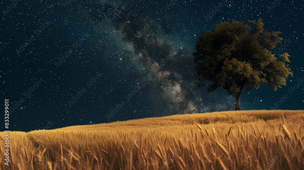 Wall mural a large wheat field under the starry sky, with an old tree in the center of it. the grass is golden 