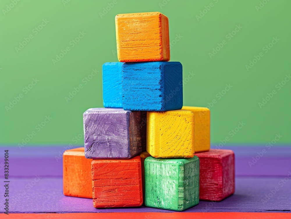 Poster a tower of colorful toy blocks stacked neatly on a minimal background, providing ample space at the 